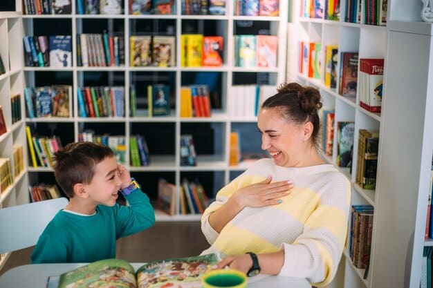 A child with autism engaged in a positive interaction with a teacher in a school library, surrounded by colorful books, demonstrating successful inclusion.