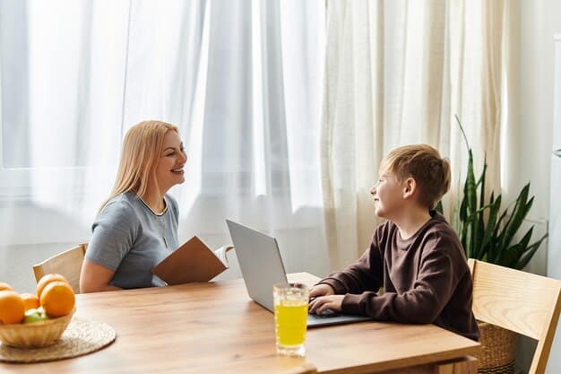 A calm parent and child sitting at a table together, discussing a task or problem. The focus is on their interaction, with the parent gesturing gently and the child looking engaged, symbolizing clear communication and focused attention.