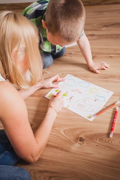 A parent and child with ADHD collaboratively creating a visual schedule with colorful symbols, promoting organization and routine.