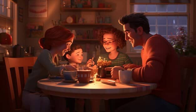 A warm, illustrative scene depicting a parent and child sitting together at a table, both smiling. The parent is patiently helping the child with homework, possibly by pointing to a visual aid or diagram. The atmosphere is calm and supportive.