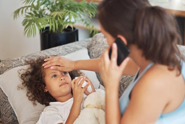 A concerned parent gently touching their child's forehead, possibly checking for fever or discomfort, while the child looks drowsy and tired.