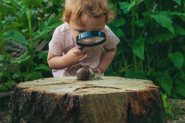 A child with a magnifying glass examining a leaf in a forest, demonstrating curiosity and engagement with nature, highlighting cognitive exploration.