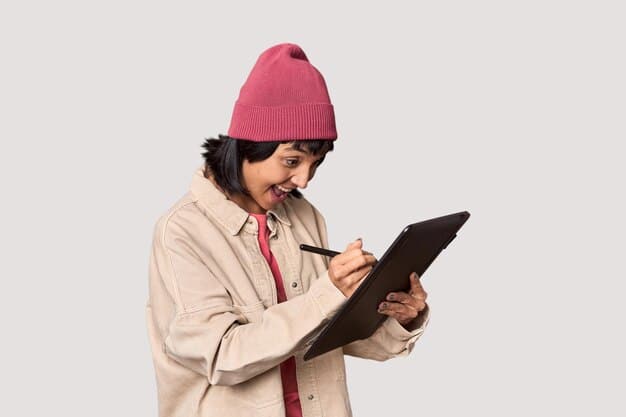 A Gen Z student using a tablet or laptop with a split screen, one side showing study material and the other showing a note-taking app or reminder, indicating organized digital learning. The student has a focused, determined expression.
