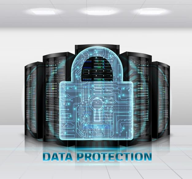 A digital representation of a secure data network, with locks and shields symbolizing data protection, against a background of student profiles or educational graphs. The image should convey security and privacy in the context of educational data.