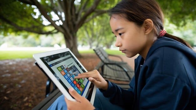 An educator reviewing data on a tablet, with complex educational analytics displayed, indicating student progress and individualized learning zones.