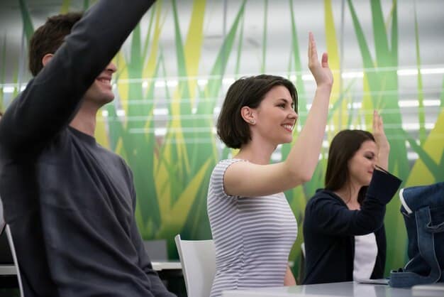 A teacher instructing Gen Z students through a mindful stretching exercise in a classroom, with natural light filtering through windows, showing a calm and attentive atmosphere.