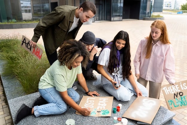 A diverse group of Gen Z students actively participating in a school community project, demonstrating teamwork and a sense of purpose.