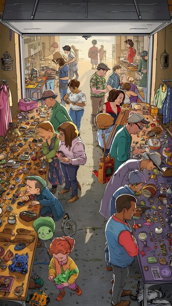 A crowded soup kitchen extending into the street, depicting a diverse group of people waiting for assistance, emphasizing a growing demand for basic needs.