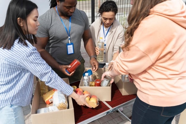 A diverse group of people participating in a community outreach event, with volunteers distributing food and essential supplies, illustrating collective efforts to alleviate immediate hardships.