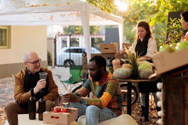 A diverse group of people participating in a community garden in an urban setting, representing a positive intervention in a food desert.