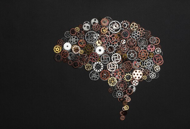 A brain abstractly represented with gears and digital circuits, signifying cognitive processes influenced by social media algorithms.