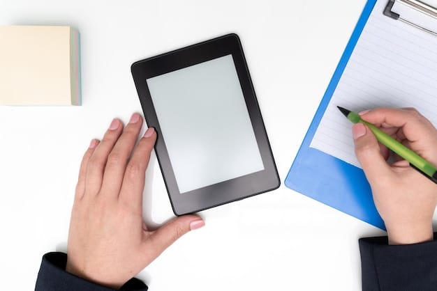 A person's hand holding a magnifying glass over a tablet screen displaying social media feeds, symbolizing the act of scrutinizing and fact-checking information.