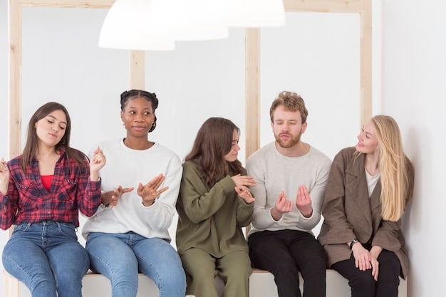 A support group of young adults sitting in a circle, engaged in a discussion led by a facilitator. The mood is one of quiet understanding and connection.