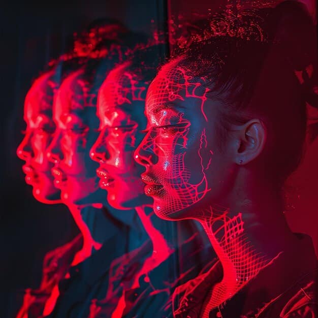 A diverse group of faces represented as data points on a screen, with some faces highlighted in red to signify errors or misidentification, illustrating the concept of algorithmic bias.