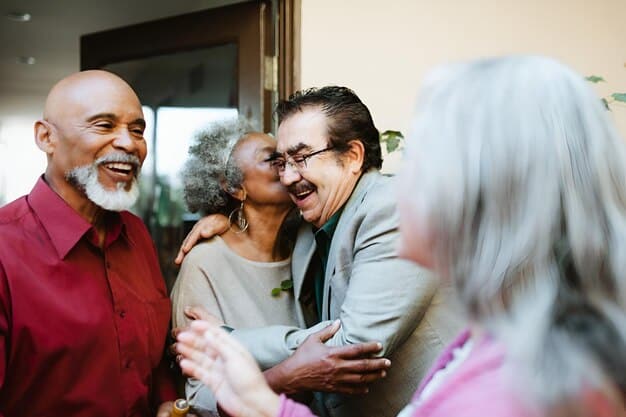 A diverse group of people spanning multiple generations (young adults, middle-aged, seniors) laughing and actively participating in a community project, such as gardening or painting, demonstrating genuine teamwork and interaction.