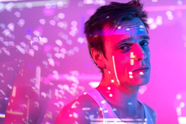 A young person customizing their digital avatar in a futuristic, neon-lit virtual environment, displayed on a large monitor, with vibrant graphics showing interactive social elements. The scene suggests engagement with evolving social metaverse platforms.
