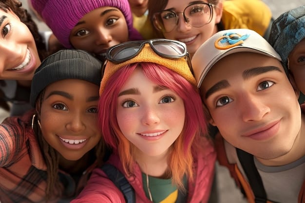 A diverse group of Gen Z avatars, each uniquely customized with vibrant colors, various styles of clothing, and expressive features, standing together in a futuristic virtual city landscape, showcasing diversity and creativity.