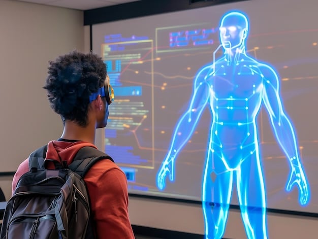A young Gen Z student avatar interacting with a holographic model of the human anatomy in a futuristic virtual classroom setting, surrounded by other student avatars, highlighting immersive and collaborative learning.