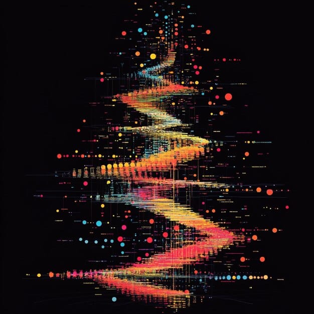 A stylized depiction of interconnected digital algorithms, with lines and nodes representing data flow, surrounded by musical symbols and trending hashtags, illustrating how data drives music trends.