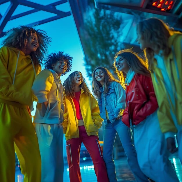 A diverse group of Gen Z concert-goers passionately enjoying a music festival, dressed in trendy merchandise, with bright stage lights and a palpable sense of communal energy.