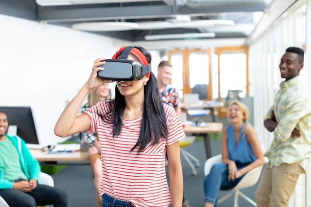 A Gen Z student wearing VR goggles, immersed in an interactive virtual reality educational module, surrounded by other students working on laptops in a high-tech university lab.