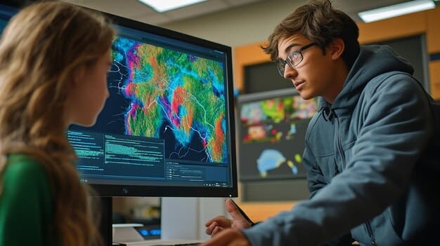 A young environmental scientist analyzing complex climate data visualizations on multiple screens, showing patterns of deforestation and rising temperatures.