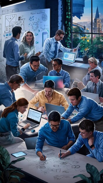 A diverse group of Gen Z individuals coding together in a modern, collaborative workspace, with 