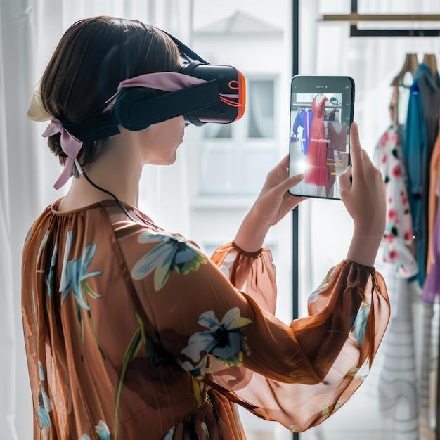 A Gen Z influencer using an augmented reality app to try on digital clothing in a futuristic setting, highlighting the intersection of technology and fashion curation.