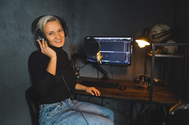 A young woman, Gen Z, is recording a podcast in a home studio setup, with a microphone and headphones, showcasing authentic content creation for direct fan engagement. Soft, warm lighting.
