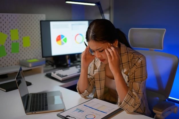 A Gen Z individual looking stressed and overwhelmed while looking at multiple screens with analytics and social media feeds, highlighting the pressures and challenges of content creation. Cluttered desk.