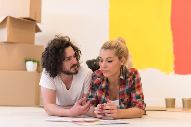 A young Gen Z couple enthusiastically discussing plans for a small, modern home, perhaps reviewing architectural drawings or looking at a screen with design ideas, reflecting their innovative approach to homeownership.
