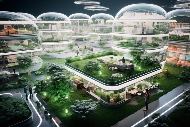 A digital render of a futuristic, sustainable community with compact homes, shared green spaces, and integrated smart technology, symbolizing Gen Z's vision for future living.