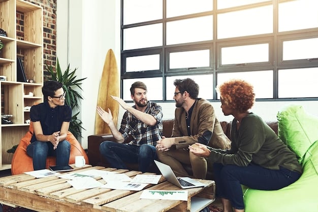 A diverse group of young professionals collaborating in a modern co-working space, demonstrating flexible work arrangements and team synergy.