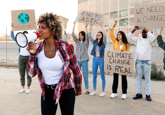 A young climate activist speaking passionately at a rally, surrounded by a crowd of peers, with banners advocating for climate action and sustainable policies. The scene should appear energetic and hopeful.
