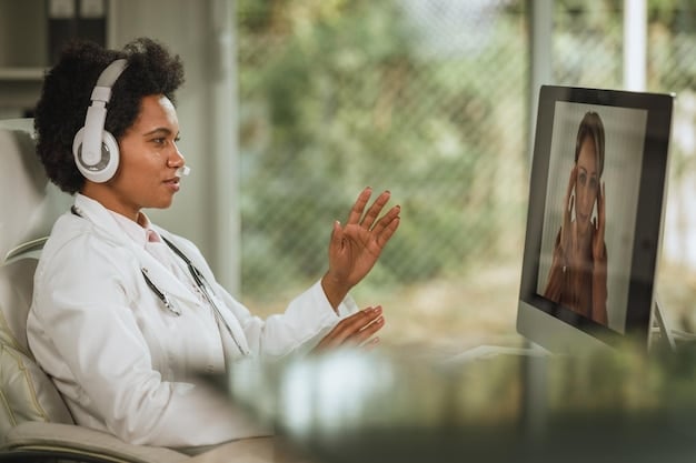 A young person engaged in a telehealth session, symbolizing accessible mental health support, with a gentle, reassuring digital interface visible. A peaceful, supportive atmosphere.