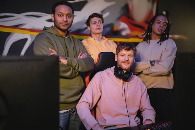 A digital render of a diverse group of Gen Z esports professionals, including players, coaches, broadcasters, and event organizers, collaborating in a modern esports office or training facility.
