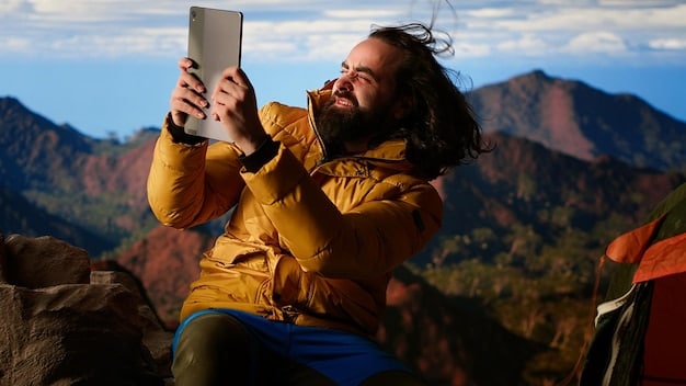 A Gen Z traveler standing atop a scenic mountain overlook in a US National Park, capturing a panoramic photo with their smartphone, embodying adventure and digital sharing.