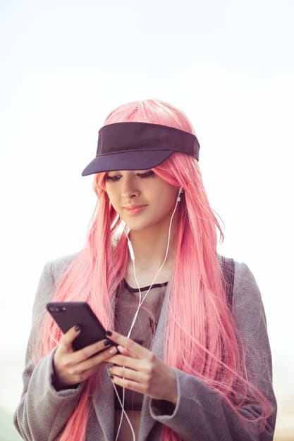 A young Gen Z individual wearing oversized headphones, intensely focused on a smartphone screen displaying streaming music playlists, surrounded by diverse music genre icons floating in a digital space.