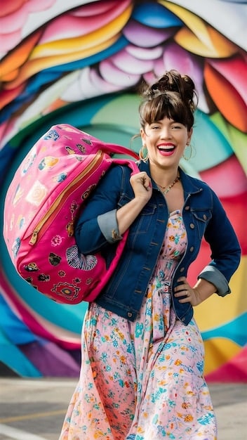 A Gen Z individual confidently styling a vintage thrift store outfit with a modern accessory, illustrating sustainable fashion choices against a backdrop of a colorful mural in an American city.