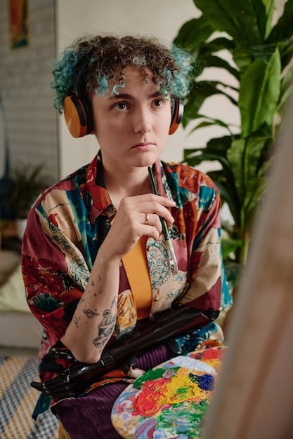 A Gen Z artist proudly displaying their personalized, hand-painted denim jacket, surrounded by various art supplies and references to niche internet subcultures, showing unique fashion expression.