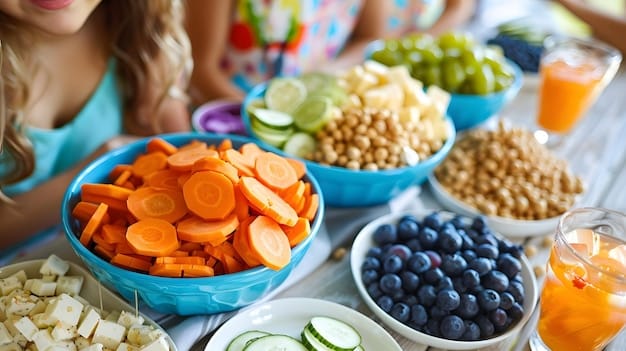 A colorful, well-balanced meal for a child, featuring a variety of fruits, vegetables, whole grains, and a lean protein source, emphasizing practical healthy eating for child development.