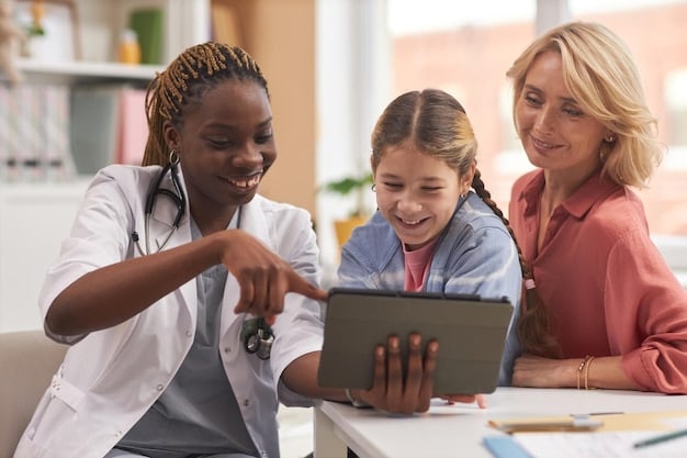 A healthcare professional speaking empathetically with a parent, looking at a developmental checklist on a tablet, with a child playing happily in the background.