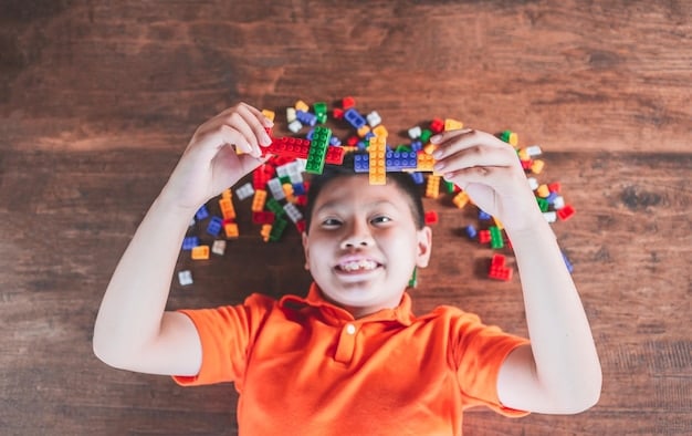 A child with a cheerful expression, meticulously arranging colorful building blocks, demonstrating focus and problem-solving skills.