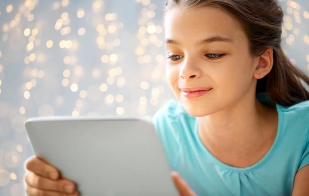 A child aged 5 actively engaging with an educational tablet app, demonstrating focused attention. The background is blurred to emphasize the child and screen in a positive, learning environment.
