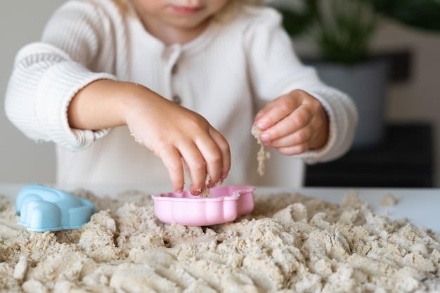 A child playing with kinetic sand, exploring different textures, with a therapist gently guiding their hands in a calm setting.