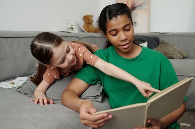 A child and parent reading a book together about feelings, with expressions of curiosity and understanding on their faces.