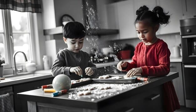 A child and parent laughing together while engaged in a simple science experiment in a home kitchen, illustrating joyful, everyday learning experiences.