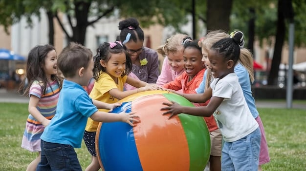 A group of diverse kindergarten children happily playing together on a colorful playground, demonstrating cooperation and social interaction.