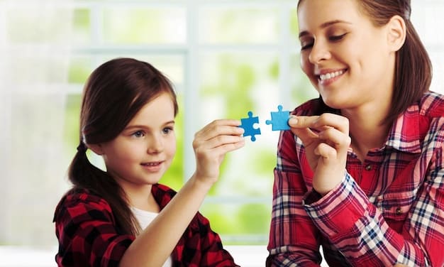 A child confidently putting together a simple puzzle, showing focus and self-efficacy, with a parent smiling encouragingly in the background, symbolizing support and independence.