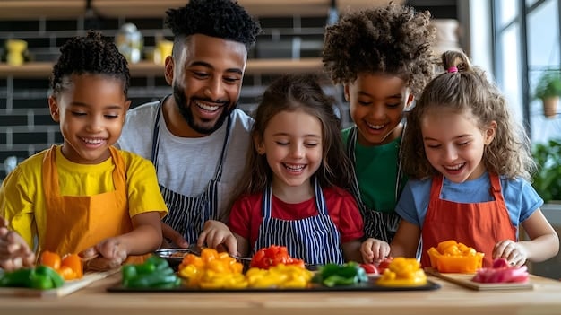 A diverse family (parents and two children) sitting around a brightly lit kitchen table, assembling a colorful and healthy meal together, smiling and engaged in the process.